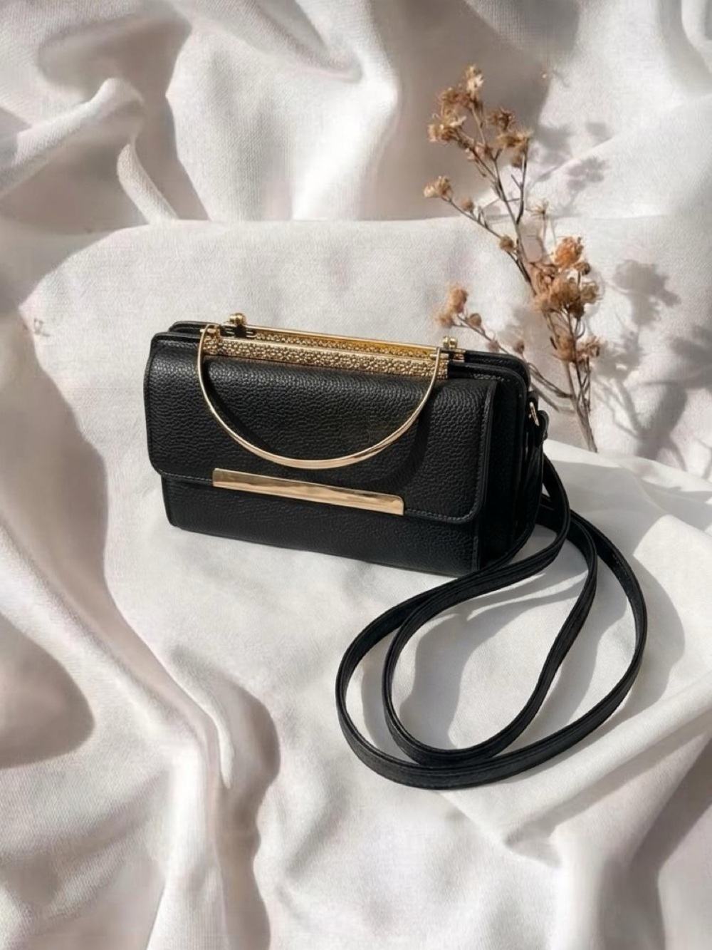 Black Crossbody Bag with Gold Accents - Modern Structured Design